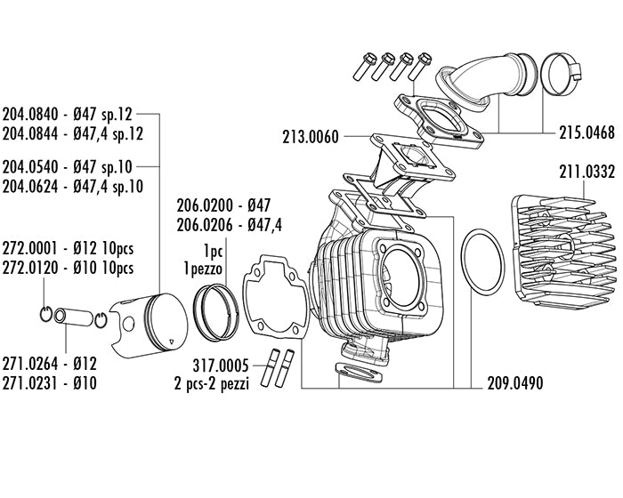 166.0074/12E KIT YAMAHA ZUMA / BOOSTER D.47 SP.12 EVOLUTION CAST IRON