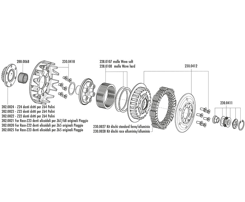 230.0534 CLUTCH POLINI FOR RACE VESPA PX 125/150/200E Z22 NOT STRAIGHT TEETH