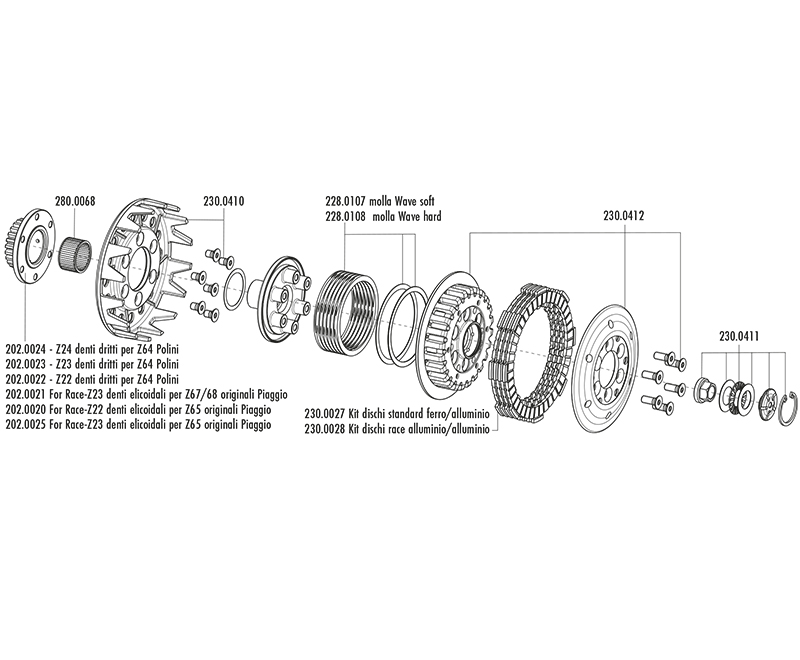 230.0531 CLUTCH POLINI FOR RACE VESPA PX / TS / RALLY  Z23 STRAIGHT TEETH